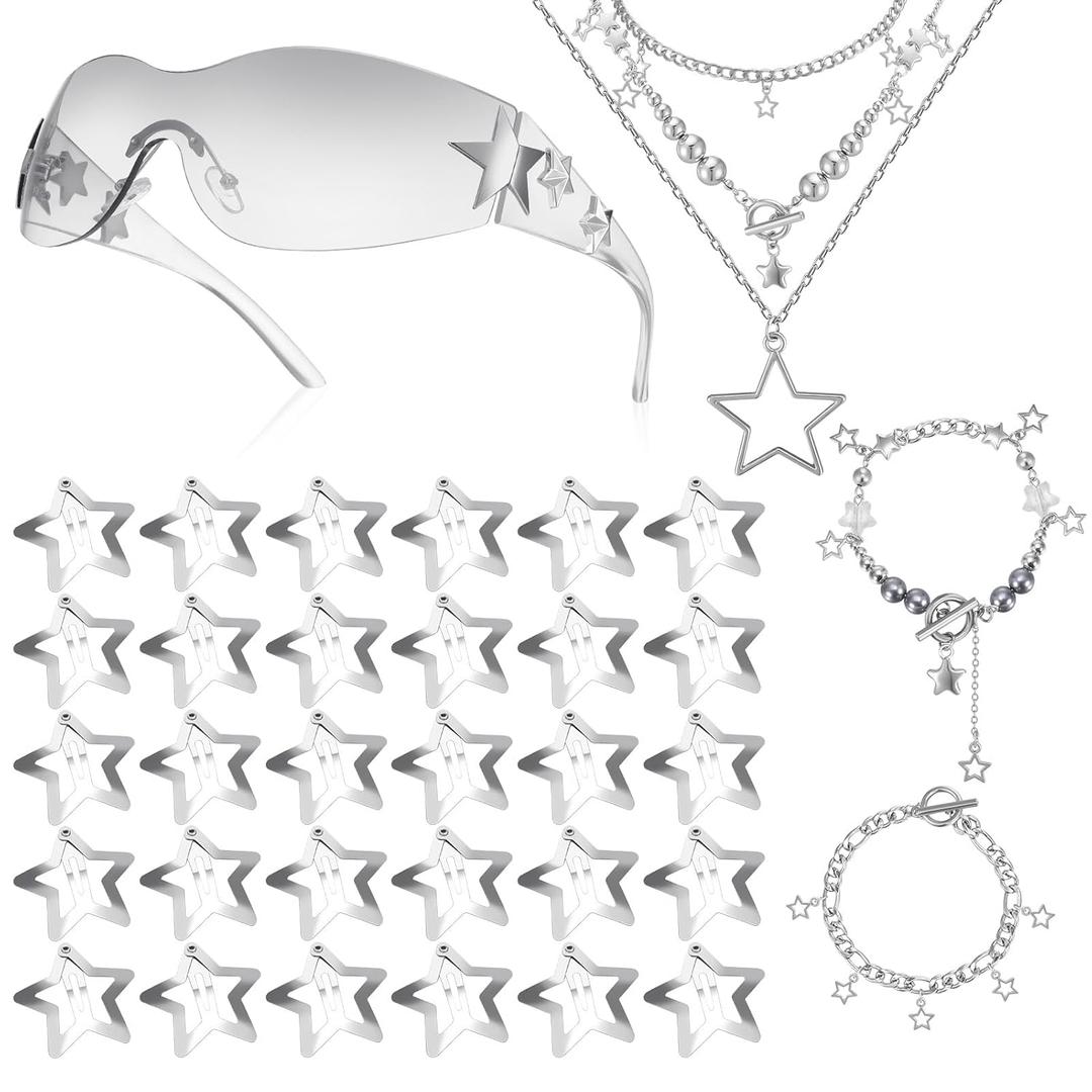 Y2k Accessories Set Included Star Y2k Silver Necklace Grunge Layered Necklace Y2K Sunglasses Star Hair Clip Y2k Silver Hair Clips Vintage Jewelry Set for Women