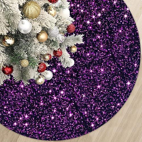 Purple Xmas Tree Skirt 36 Inch Sequins Christmas Tree Skirt Halloween Tree Skirts Velvet Xmas Tree Mat Unique Round Tree Collar Skirt Glitter Sequin Tree Cover for Christmas Halloween Party Decor, Pack 2