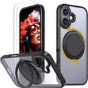 for iPhone 17 Case, with 2 Tempered Glass Film, 360 Spin Magnetic Stand, Compatible with Magsafe, Military-Grade Drop Protection Case, Black