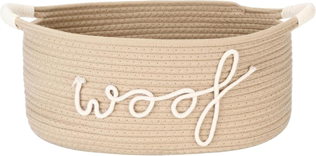 Sea Team Dog Toy Storage Basket with Handles, 16.5 x 11 x 7 Inches, 4.4 Gallons Large Cotton Rope Storage Bin, Shelf Basket, Organizer for Pet Chew Toys, Foods, Beige Woof