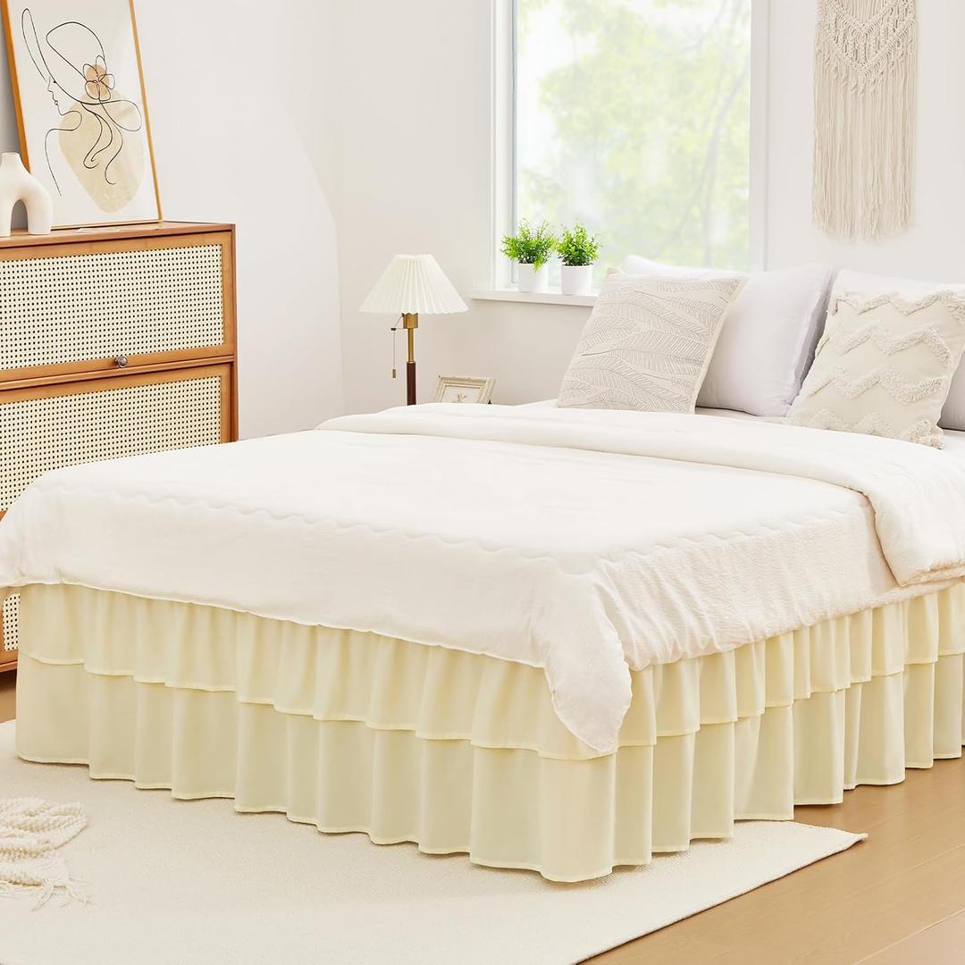 Vocander 2 Layer Bedskirt,Cream Yellow Queen Size Bed Skirt 18 Inch Drop Easy to Put On,Elastic Wrap Around Dust Ruffle for Bed Frame & Mattress,Luxury Bedskirt for Adjustable Bed Microfiber Fabric