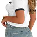 Remidoo Women's Color Block Ribbed Knit Top Notch V Neck Short Sleeve T Shirt (White, L)