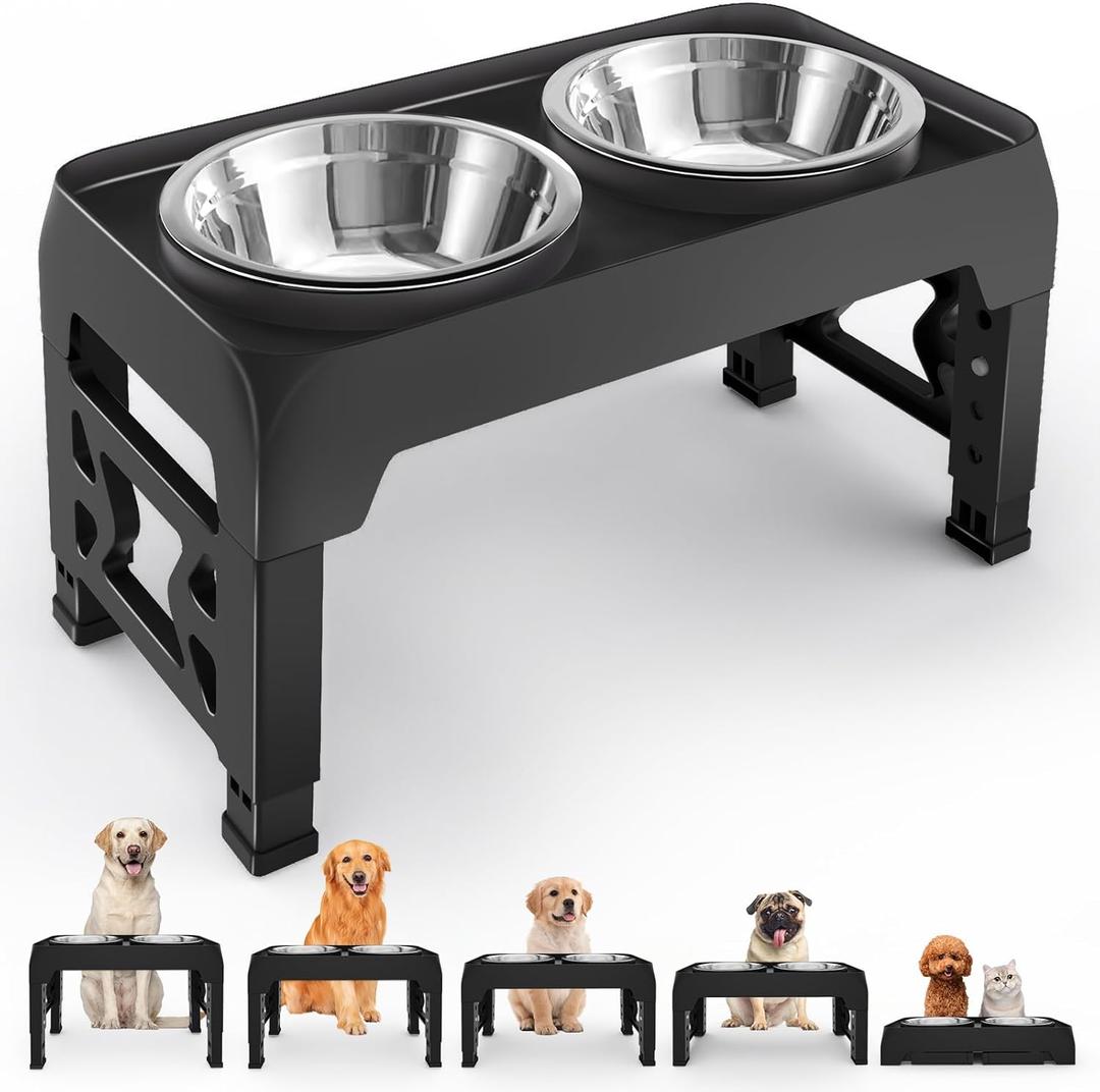 Elevated Dog Bowls, 5 Height Adjustable Raised Dog Bowl Stand with 2 Stainless Steel Food Bowls, Non-Slip, Adjusts to 3.54", 9", 10", 11", 12.13" for Medium Large Breed Black