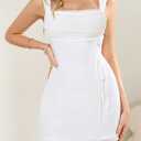 Women's Sexy Mesh Short Dress Square Neck Ruched Wedding Guest Cocktail Mini Dresses (White, M)