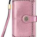 Lavemi Womens Large Capacity Genuine Leather RFID Blocking Wallets Wristlet Clutch Card Holder (1-waxed Rose Gold)