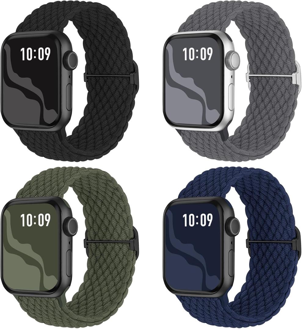 Braided Stretchy Solo Loop Compatible for Apple Watch Band 38mm 40mm 41mm 42mm 44mm 45mm 46mm 49mm for Women Men, Nylon Elastic Straps Wristbands for iWatch Series 10 9 8 7 6 SE 5 4 3 2 Ultra Ultra 2 (Black/DeepGray/OliveGreen/AbyssBlue)