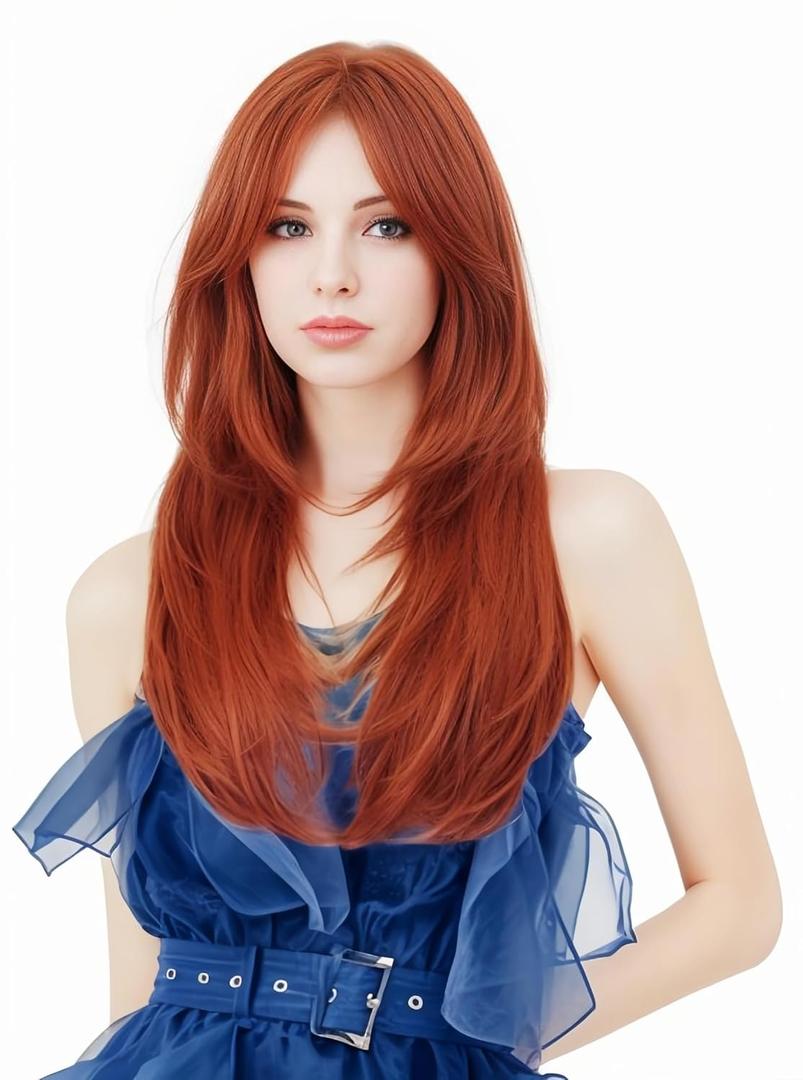 Rugelyss Long Wavy Auburn Red Wigs for Women, Layered Synthetic Copper Ginger Hair Wig with Bangs for Daily or Costume Party