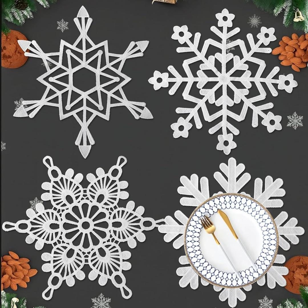 4 Pcs Winter Snowflake Placemats 12 Inch Crochet White Snowflake Table Mats Lace Doilies Vintage Embroidered Placemats for Dining Room Cup Wedding Vase Winter Party Decorations