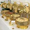Party Wedding Table Setting Food Warmer Golden Fancy Elegant Cheffing Dishes with Hanging Lid Gold Chaffing Dishes (Gold, 8QT)