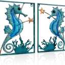 LIFFY Metal Wall Art Seahorse with Frame 13 LED lights, Beach Decor Fish Glass Sculpture Coastal Wall Hanging Ocean Theme Nautical Outdoor Decor for Patio, Garden, Yard, Pool, home gift(2pcs, Blue)