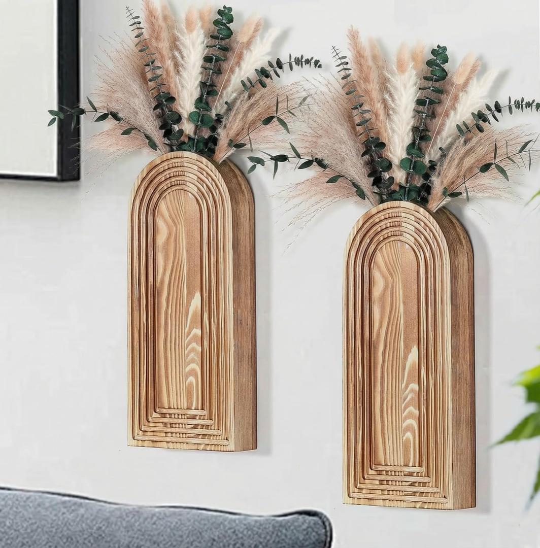 Set of 2 Wooden Wall Vases with Dried Pampas Grass & Eucalyptus, Boho Farmhouse Decor for Living Room, Entryway, Bathroom, Rustic Home Art(Brown)