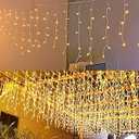 JIAMEIYI LED Icicle Lights, Curtain Fairy Hanging Lights String 8 Modes 13FT 96 LEDs Christmas Extendable Plug in Lights for Party Ceiling Balcony Patio Outdoor Indoor Decoration (Warm White, 4)