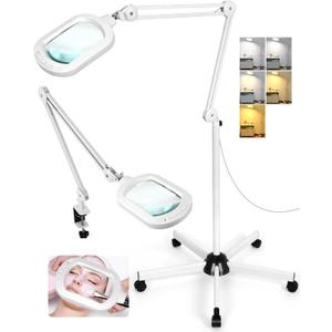10X Magnifying Glass with Light and Stand, Large Rectangle Optical Glass Lens Floor lamp with 5 Wheels Rolling Base, 5 Color Modes LED Lighted Hands Free Magnifier for Reading Esthetician Facial Craft