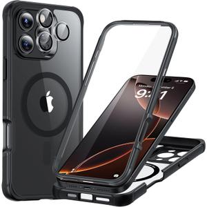 ESR for iPhone 16 Pro Max Case, Compatible with MagSafe, Full-Body Military-Grade Drop Proof Case with Built-in 9H+ Tempered Glass Screen Protector, Armor Series, Clear Black