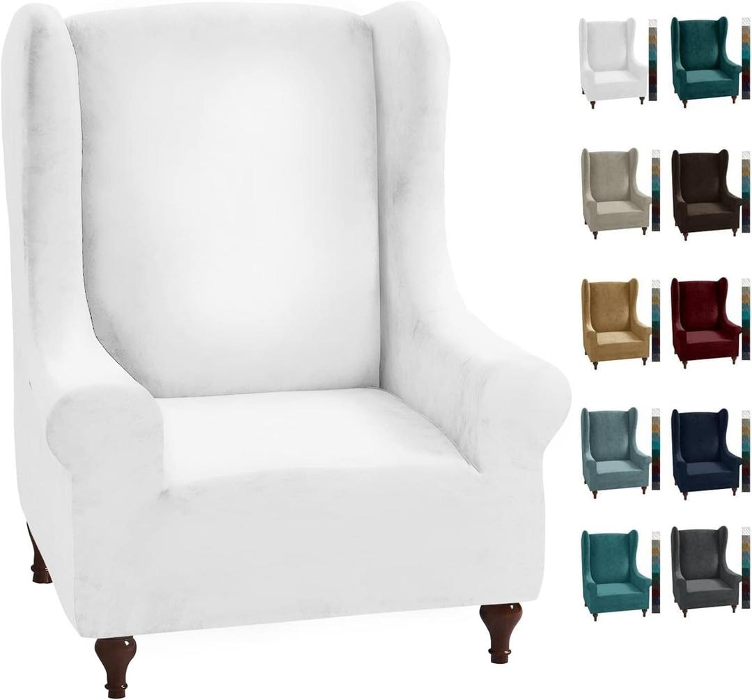MAXIJIN Stretch Velvet Wingback Chair Slipcover 1-Piece Soft Stylish Plush Slipcovers for Wingback Chairs Thick Rich Velvet Wing Chair Cover with Elastic Bottom (Wing Chair, White)