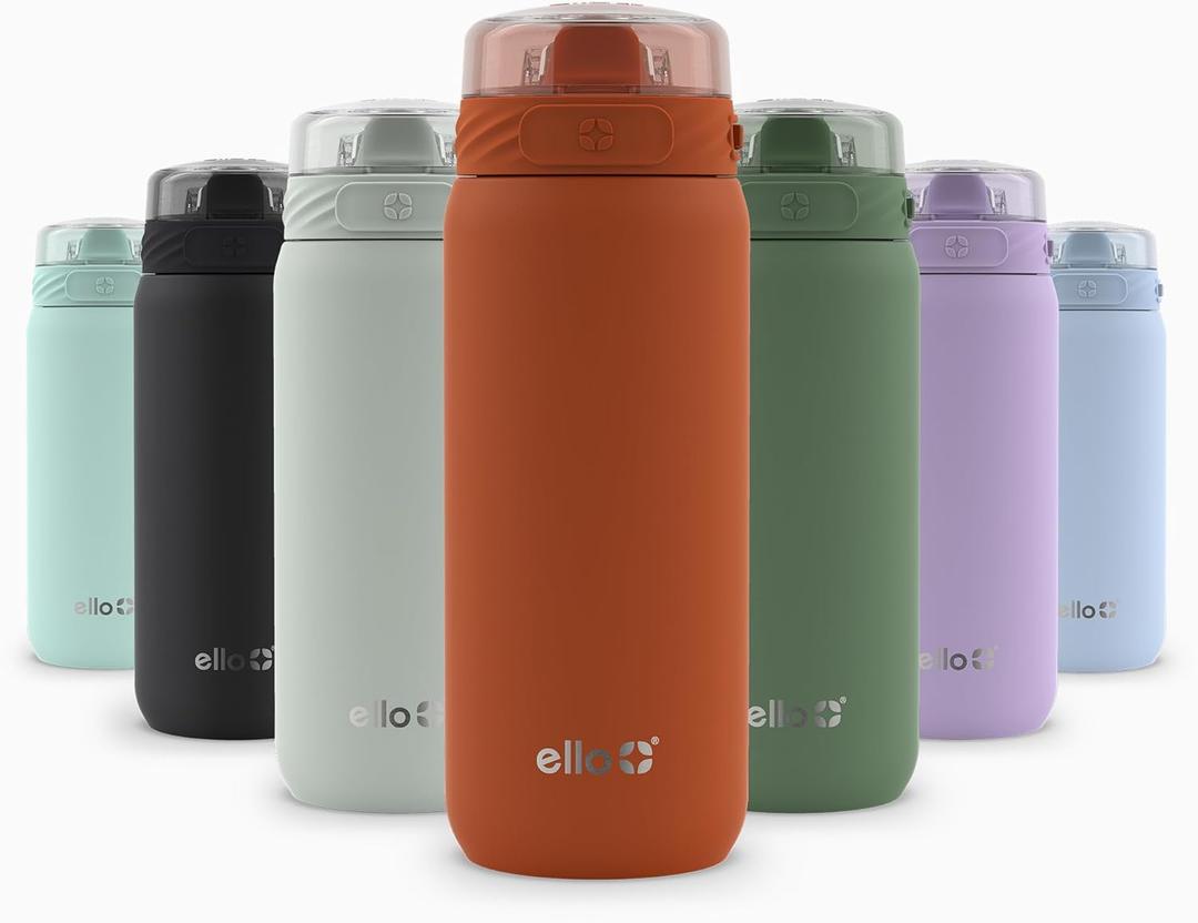 Ello Cooper 18oz Kids Stainless Steel Water Bottle Vacuum Insulated with Straw and Carry Handle, Leak Proof Locking Lid with Soft Silicone Spout, Fits Car Cupholder, Dishwasher Safe, Figgy Pudding