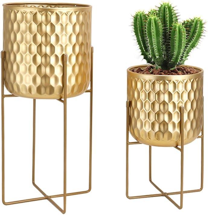 TRIROCKS Set of 2 Planters with Stand Indoor Otdoor Metal Plant Stand 8 * 18 &7 * 12 "Modern Planters Flower Pots for Living Room Corner Kitchen Office Garden Balcony Patio Decor(Gold), Large: 8x18 inches, Small: 7x12 inches