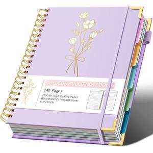Hardcover Spiral Notebooks 8.5" X 11" Note Taking 5 Subject Notebook College Ruled with Dividers 240 Pages 100GSM Aesthetic Spiral Notebook for Work School Cute Journals for Women Writing (Purple)