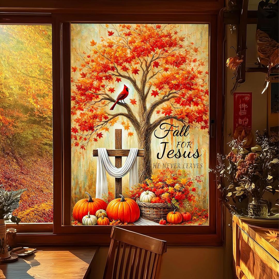 Fall Window Privacy Film24x36 Inch PVC Fall for Jesus Glass Sticker with Pumpkins Cross Red Cardinal Maple Tree Scene Static Thanksgiving Window Decal for Glass Door or Wall