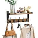 FNBAR Wall Hooks with Shelf, Wood Coat Rack with Shelf Wall-Mounted, Entryway Hanging Shelves with 5 Metal Hooks for Clothes Hats Towel Purse Robes, Bathroom Mudroom Bedroom, Rustic Brown