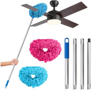 DRQ Ceiling Fan Cleaner Duster, 2 Pack Reusable Microfiber Duster with Extension Pole, 13 to 50 Inch Fan Blade Cleaner, Removable Dusters for Cleaning Walls Bookshelves Door Window Top (Blue Pink)