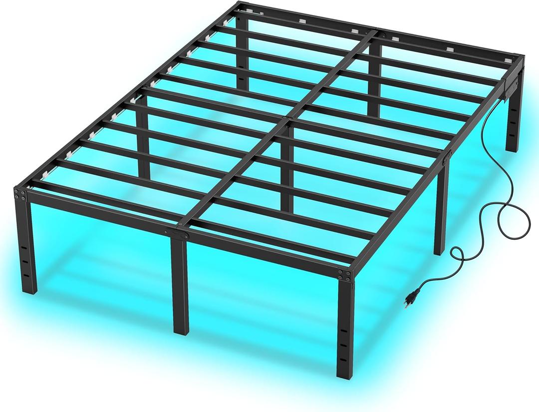 Full Size Bed Frame with LED Lights 14 Inch Platform Bed Frame Full with Charging Station Black Metal Mattress Foundation no Box Spring Needed Led Bed with Storage Space (14 Inch, Full)