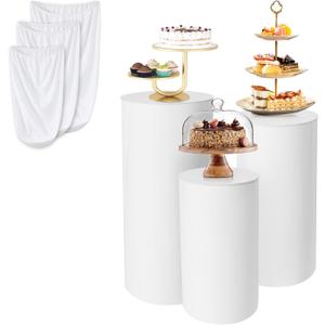 3Pcs Cylinder Stands for Party White Round Pedestal Stand (with 3pcs Spandex Cloth Cover) for Birthday Wedding Party Outdoor Indoor Decor (White).