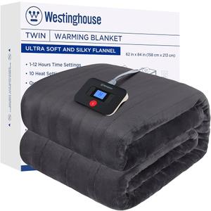Westinghouse Heated Blanket, Electric Throw Blanket with 10 Heating Levels, 12 Hours Auto Off, Overheat Protection, Machine Washable, Flannel (Twin, 62x84 Inches, Charcoal)