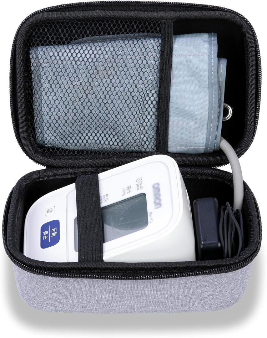 Ginsco Compact Hard Shell Case for Blood Pressure Monitor, Compatible with Omron Bronze/iHealth/Oklar, Portable Carrying Travel Case with Handle, Mesh Pocket for Cuff/Batteries/Charger (Gray, M)