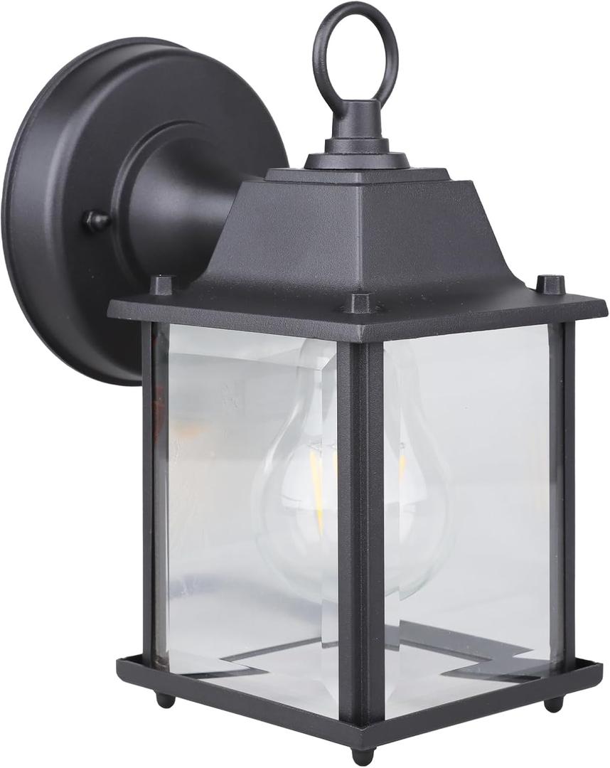 Classic Black Aluminum Wall Lamp Wet Location Outdoor Fixture, Die-Cast Aluminum & Tempered Glass, E26 Base (60W Max) for Porch, Garage, Garden (Single Pack