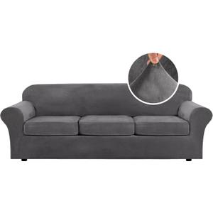 H.VERSAILTEX High Stretch Sofa Slipcover 4 Piece Cover Velvet Furniture Protector Form Fit Thick Velvet Extra Large Sofa Cover for 3 Cushion Couch Width Up to 97 Inch (Large Sofa, Grey)