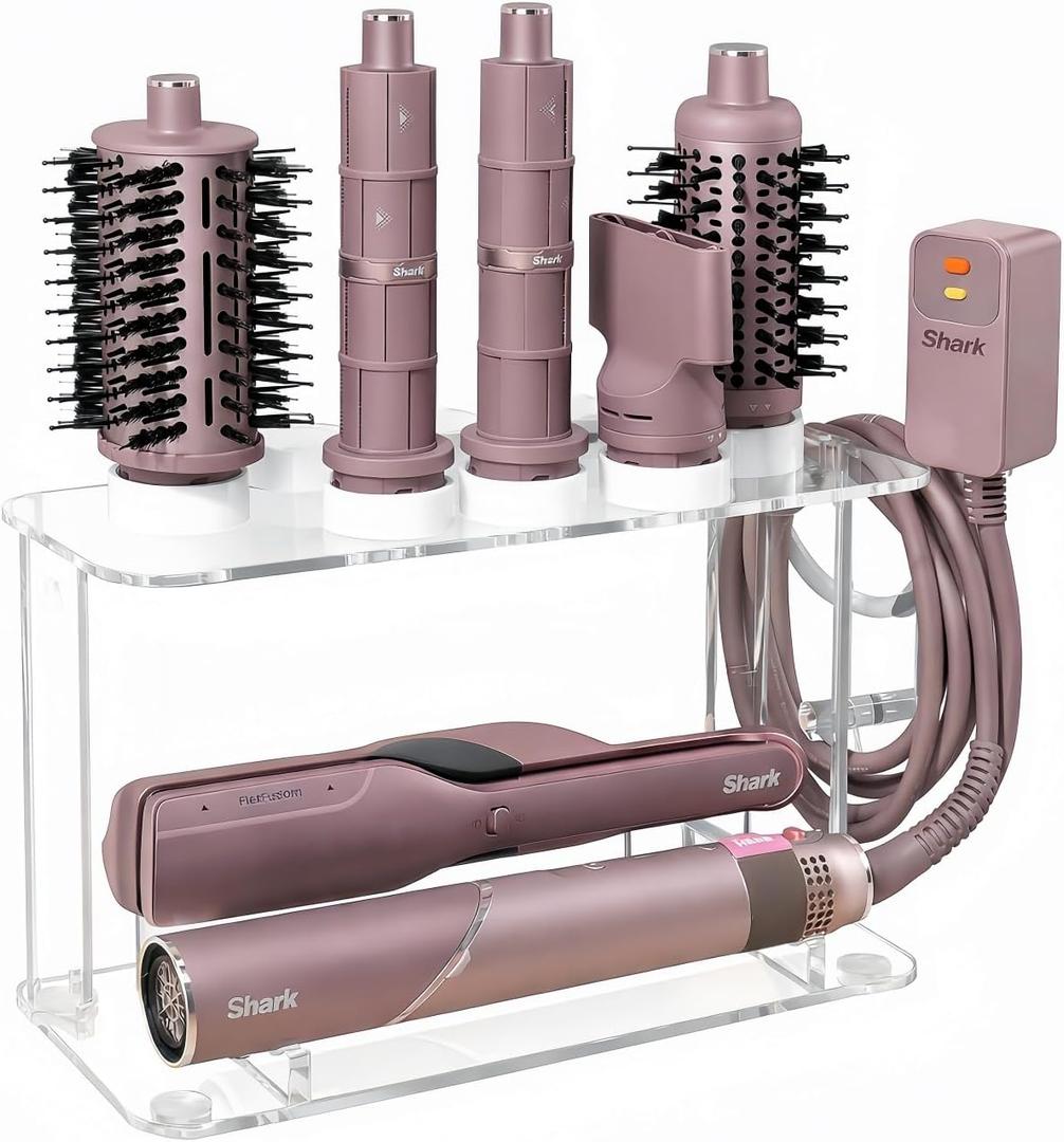 Dyson Airwrap Holder, Dyson Airwrap Wall Mount Clear Acrylic Organizer, Shark Hair Dryer Holder Stand with 8 Slots Cord Hook, Heat-Resistant Storage for Bathroom/Vanity UEMUSI