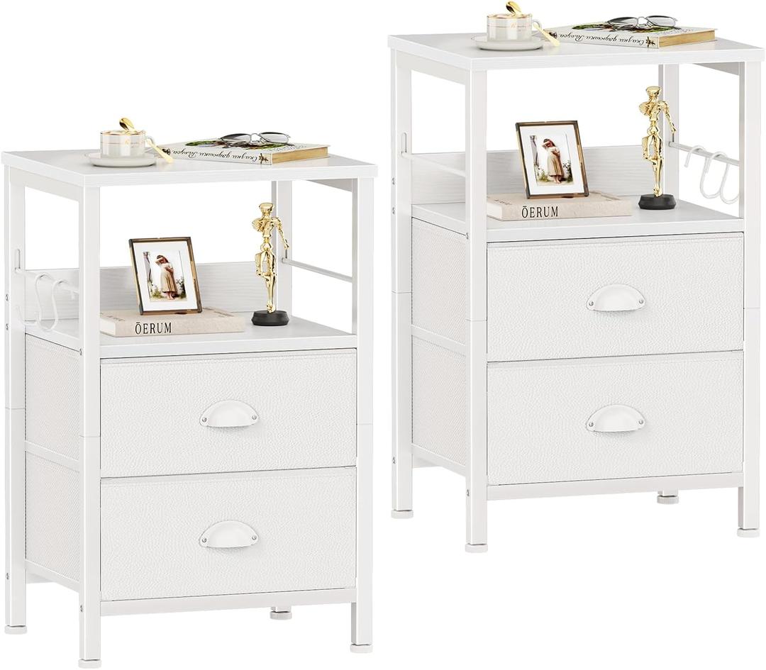 Furologee Nightstands Set of 2, End Table with 2 Fabric Drawers, Night Stand with 2 Hooks, Open Wood Shelf Bedside Table for Bedroom/Living Room/White