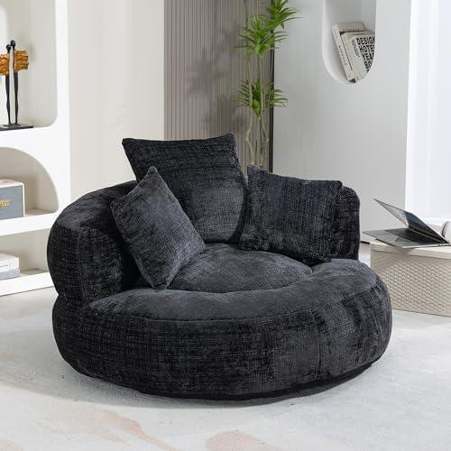 STLVUEO 42'' Oversized Round Chair, Single Lounge Chaise Upholstered Sofa Bed with Deep Seat, Chenille Bean Bag Chiar with Pillows for Living Room, Bedroom, Apartment, Reading, No Assembly (Black)
