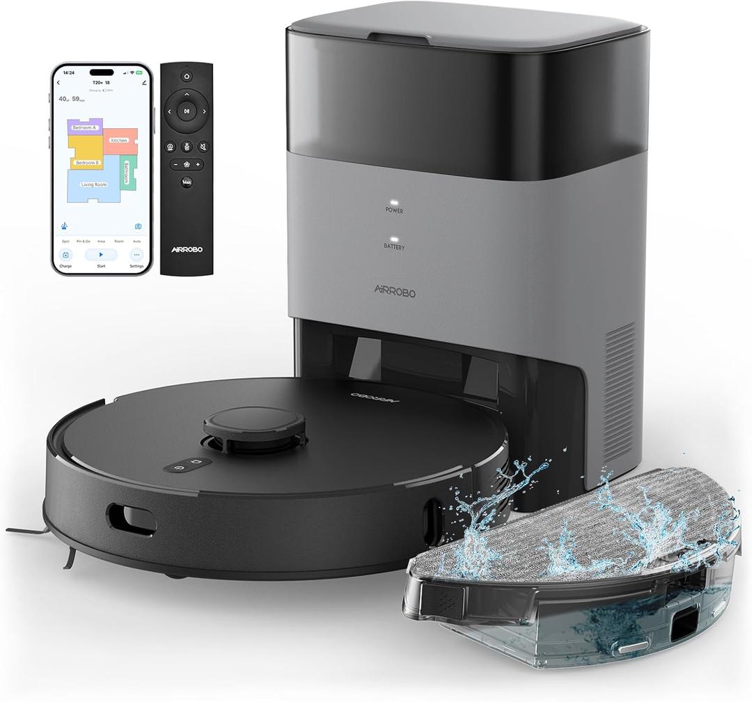 AIRROBO Robot Vacuum and Mop Combo, Self-Emptying, 60-Day Capacity, Home Mapping, Schedule, Wi-Fi/App/Alexa/Remote, 180mins Runtime, T20+ Robotic Vacuum Cleaner for Pet, Hard Floors, Carpet (Vacuum size: L13.8 x W 13.8 x H3.7, Black)