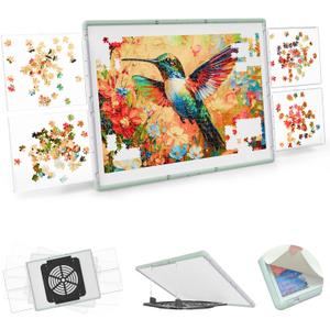 1000 Pieces Puzzle Board 3-in-1 Double-Sided & Rotating & Tilting, Plastic Puzzle Table with Sorting Boxes and PVC Cover, Portable Lazy Susan Jigsaw Puzzle Board for Adults, Gray Green