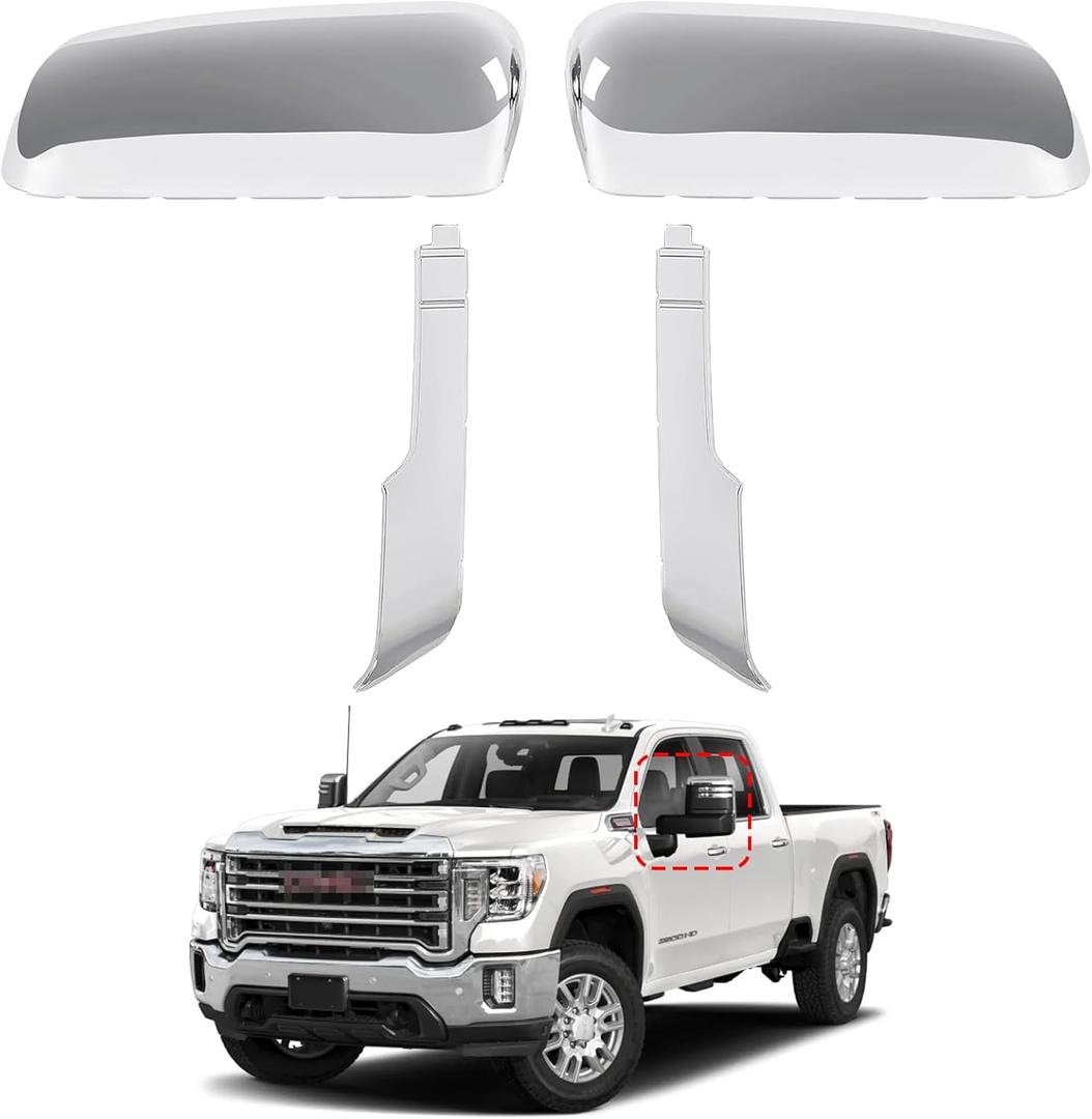 Chrome Tow Mirror Cap Compatible with Chevrolet Chevy Silverado/GMC Sierra 2500HD 3500HD 2020 2021 2022 2023 2024 2025, Top&Side Clip-on Mirror Cover Trim