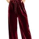 YMDUCH Women's Casual Short Sleeve Belted Long Wide Leg Pant One Piece Jumpsuit (Large, Wine Red)
