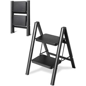 Double Elite Step Ladder 2 Step Folding, Sturdy 330 Lbs Load Folding Step Stool for Adults, Safer Full Steel Frame, Multi-use Closet/Home Kitchen Small Step Ladder with Wide Pedals, Black