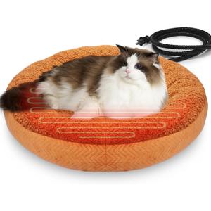 Heated Cat Beds for Indoor Cats Warming Cat Beds Super Soft Machine Washable Thermo Kitty Electric Heating Bed 19 Inches Round (Brown)