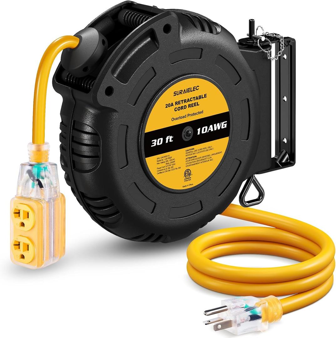 SURAIELEC Retractable Extension Cord Reel, 30FT 10AWG/3C SJTOW Heavy Duty Power Cord, 20 Amp Circuit Breaker, 4 Lighted Grounded Outlets, Wall/Ceiling Mount, ETL Listed