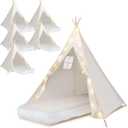 6 Pack Teepee Tent for Kids [Thickened] with Light String and Inflatable Airbed, Slumber Party Tents, Sleepover Tents Party for Girls Boys Indoor Outdoor (White)