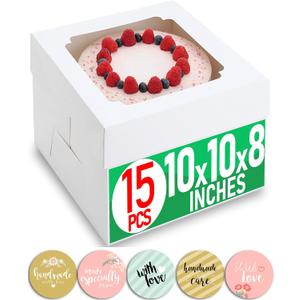 10x10x8 Bulk 15 Pcs Tall Multi-Layer Cake Boxes 10 Inch with Window Clear Bakery Box Square White Large Disposable Pie Boxes Package for Bake Decorating Supplies Pastry Box (80 Pcs Stickers)