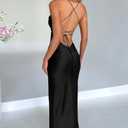 Memoriesea Women's Sexy Spaghetti Strap Bodycon Cowl Neck Party Cocktail Maxi Dress (Black, L)
