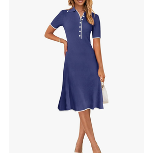 MEROKEETY Women's 2026 Summer V Neck Ribbed Midi Dress Short Sleeve Button Elegant Bodycon Knit Sweater Dresses XL