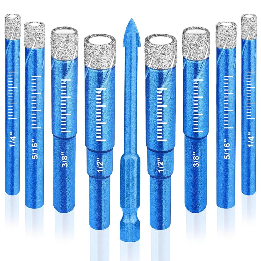 9 Piece Dry Diamond Drill Bits Set, Tile Drill Bits for Glass, Granite, Ceramic, Tile, Quartz Stone, Sizes 1/4" 5/16" 3/8" 1/2", Built-in Solid Cooling Wax, Fast Dry Drilling, Round Shank