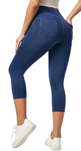 IUGA Jeggings for Women Pull On Capri Jeans Stretchy Jean Capris High Waisted Denim Capri Leggings Casual Pants with Pockets, Extra Large, Stormy Blue 