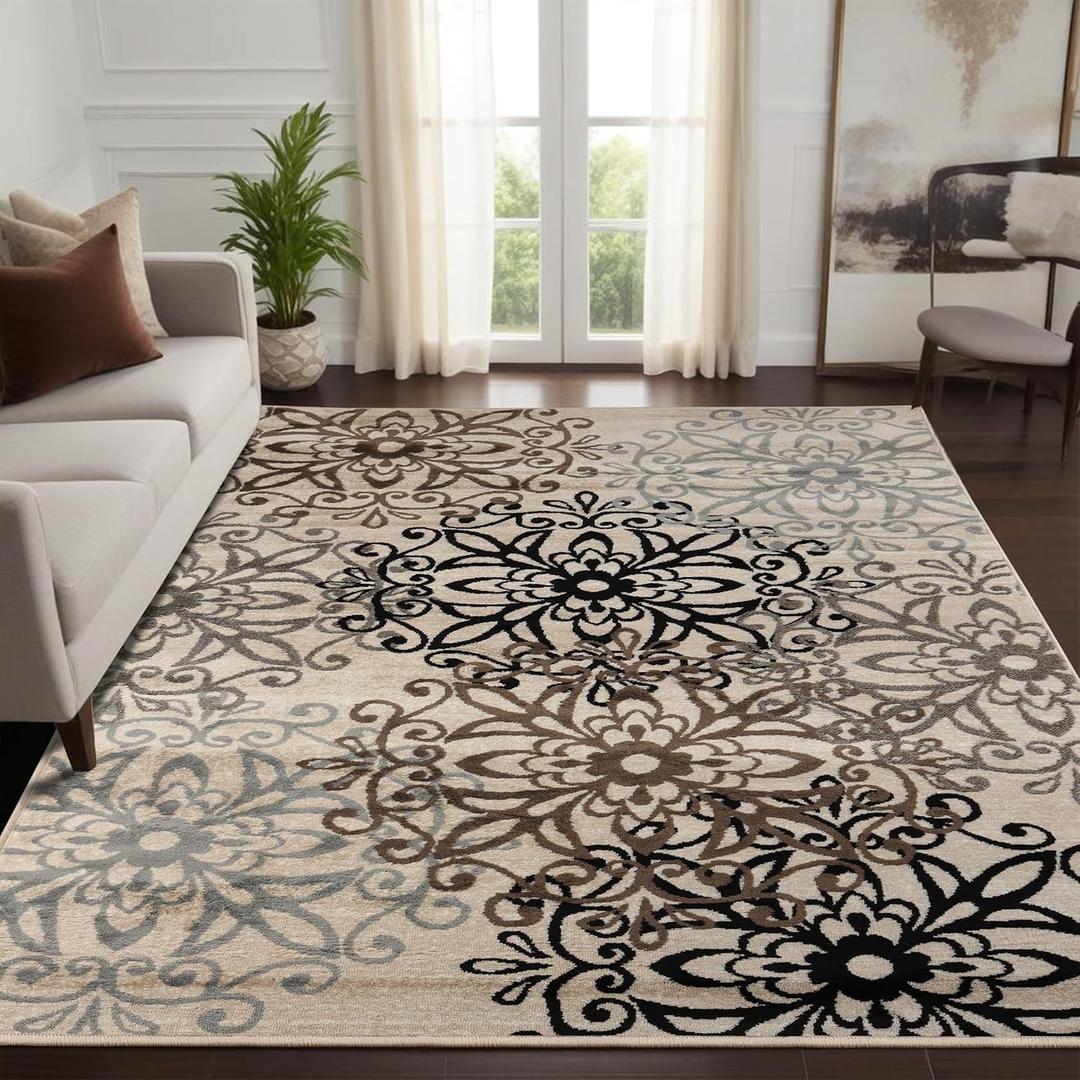 Superior Indoor Area Rug, Modern Floral Design, 5'x8', Multi-Colored - Z | Easy care Jute Backed Rug Perfect for High Traffic Entryway, Office, Living Dining Room, Bedroom, Kitchen, Leigh Rug