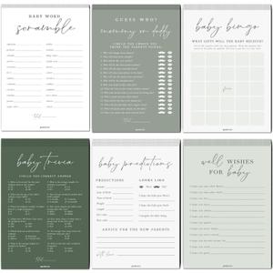 GardenCity Baby Shower Games - 6 Fun Baby Shower Games for Girl or Boy, 25 Guests, Double-Sided Cards, Sage Green