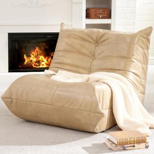 Hobestluk Bean Bag Chair Giant Bean Bag Sofa Memory Foam Bean Bag Chairs for Adults, Bean Bag Couches Faux Leather Bean Bag Chairs for Living Room Bedroom Dorm Office (Khaki) (Single)